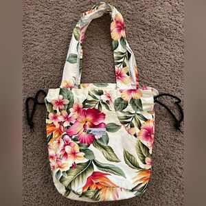 Local Design Tropical Flower Drawstring Tote with Inner & Outer Pockets